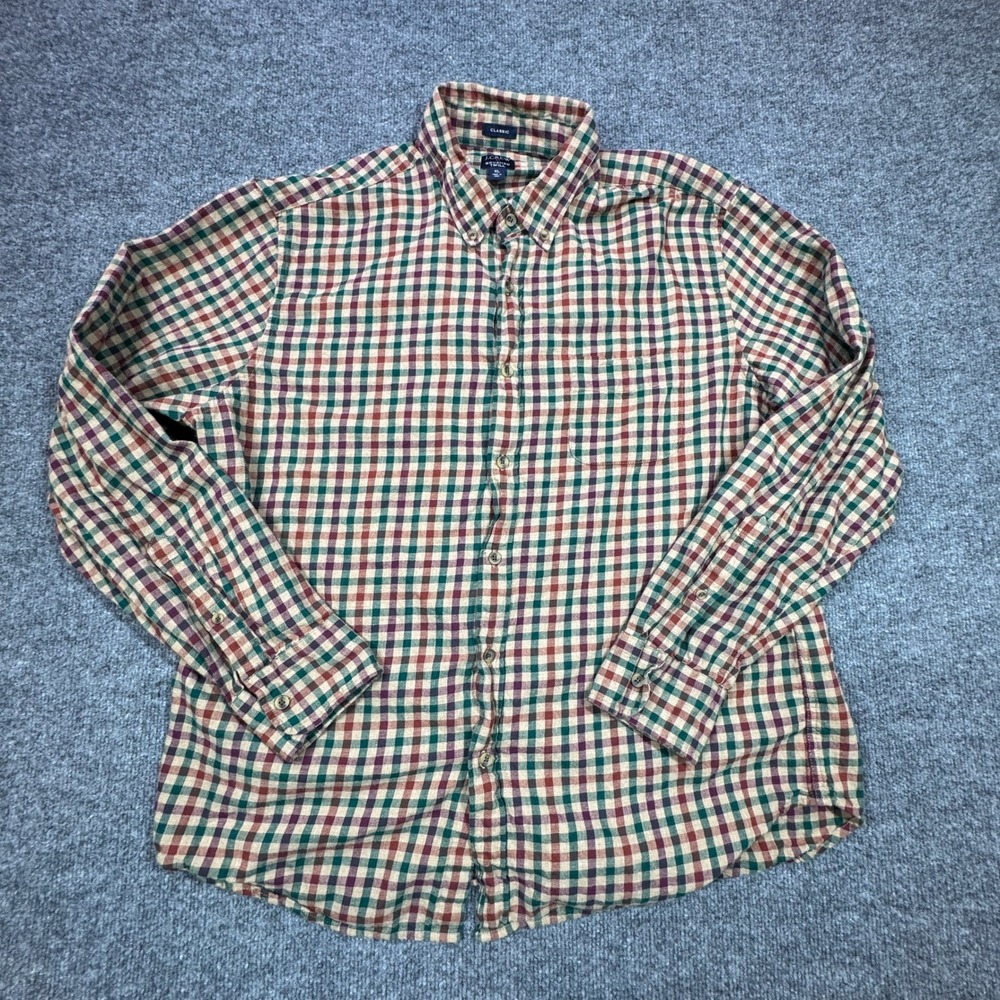 J. Crew Brushed Twill Shirt Mens XL Red Green Plaid Classic Fit Button Down‎